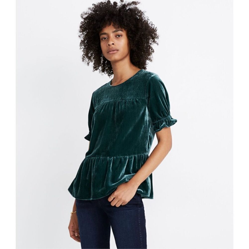 NWT Madewell Velvet Green Smocked Yoke Tiered Short Sleeve Top Women XS AF648